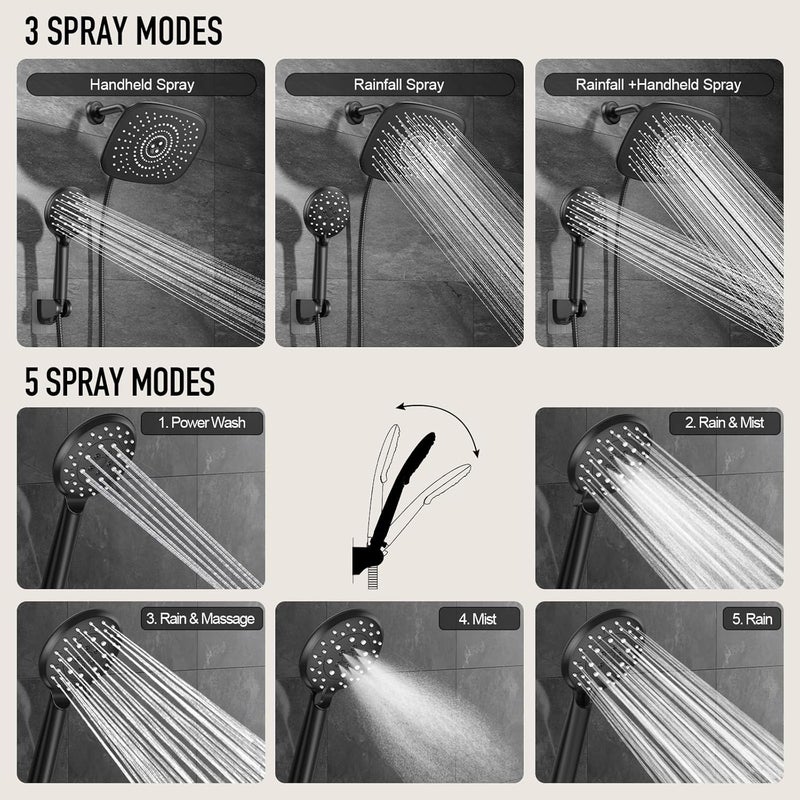 Veken 10 Inch Rain Shower Head with Handheld, High Pressure Rainfall Showerhead Combo with 5 Handheld Water Spray Modes for Bathroom Accessories, Home Decor, Detachable Dual Shower Heads, Matte Black - Image 3